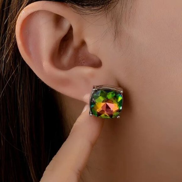 NEW Kate Aurora Borealis Crystal Large Stud Earrings Purple & Green - Picture 2 of 4